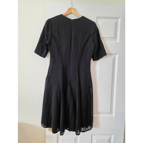 LELA ROSE Black Woven Lace Panel Short Sleeve Godet Hem A-Line Dress 10 - Picture 6 of 10